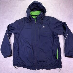 Y2K Starter Navy Blue Windbreaker Jacket Mens‎ 2XL, Rollup Hood, Green Liner VTG